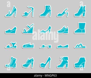 Frauen Schuhe silhouette Aufkleber Symbole gesetzt. Web sign Kit von Schuhen. Mode Piktogramm Sammlung umfasst Stiefel, Sandaletten, Mules. Einfach schuhe Vektor ic Stock Vektor