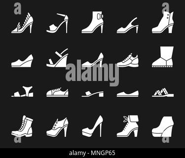 Frauen Schuhe silhouette Symbole gesetzt. Web sign Kit von Schuhen. Mode monochrome Piktogramm Sammlung umfasst Boot, Hausschuhe, Turnschuhe. Einfache weiße Sy Stock Vektor