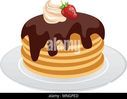 Vector Illustration von Stapel Pfannkuchen mit Schokolade Sirup, Sahne und Beeren. Stock Vektor