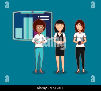 Cartoon Leute stehen, die bei der Verwendung des Handys über blauen Hintergrund, farbenfrohen Design. Vector Illustration Stock Vektor
