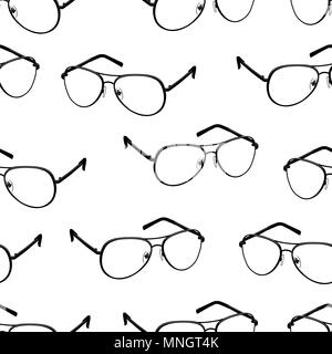 Gläser nahtlose Muster, monochromen vector Hintergrund, schwarze und weiße Abbildung. Außenkontur zeichnen schwarz Brille auf weißem Hintergrund. Für Fabric Design, Tapeten, Drucken Stock Vektor