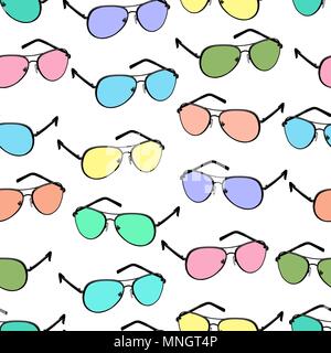 Bunte Sonnenbrille nahtlose Muster, vector Zubehör Hintergrund. Cartoon zeichnen bunte helle Brille auf weißem Hintergrund, Vintage Retro Abbildung. Für Fabric Design, Tapeten, Drucken Stock Vektor
