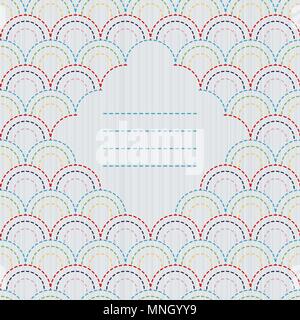 Traditionelle japanische Stickerei Verzierung mit stilisierten Fisch schuppen und Textrahmen. Sashiko Motiv. Bögen und Kreise. Zusammenfassung Hintergrund. Handarbeit Stock Vektor