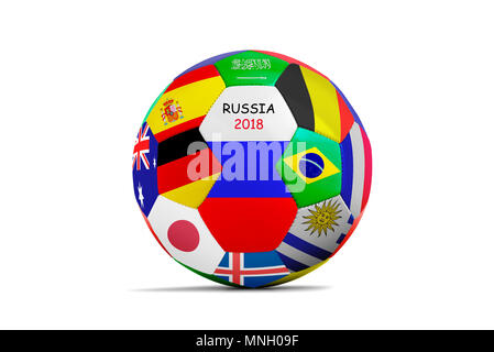 Soccer ball mit viel Flag für den Cup 2018 isoliert auf weißem Stockfoto