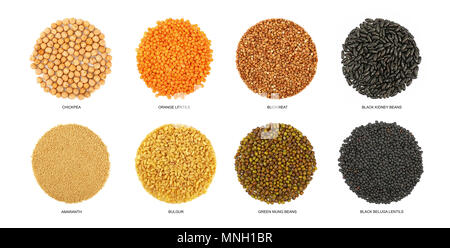 Runde verschiedene Getreide (Kichererbsen, Linsen, Buchweizen, Bohnen, mung, amaranth und Bulgur) auf weißem Hintergrund, Nahaufnahme, erhöhen Stockfoto