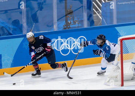 Amanda Kessel (USA) # 28 und Jenni Hiirikoski (FIN) #6 Während der USA-Finnlands Frauen Hockey Wettbewerb bei den Olympischen Winterspielen PyeongChang 2018 Stockfoto