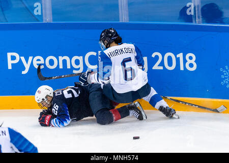 Kendall Coyne (USA) # 26 und Jenni Hiirikoski (FIN) #6 Während der USA-Finnlands Frauen Hockey Wettbewerb bei den Olympischen Winterspielen PyeongChang 2018 Stockfoto