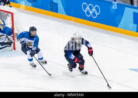 Monique Lamoureux-Morando (USA) #7 und Jenni Hiirikoski (FIN) #6 Während der USA-Finnlands Frauen Hockey Wettbewerb bei den Olympischen Winterspielen PyeongChang Stockfoto