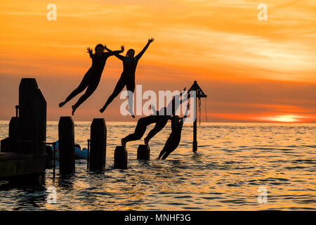 Aberystwyth Wales UK, Donnerstag, 17. Mai 2018 Deutschland Wetter: Bei Sonnenuntergang am Ende einer glorreichen Tag der warmen Frühlingssonne, eine Gruppe von Studenten sind wie Sie tauchen und springen Sie in das klare Wasser aus dem hölzernen Pier in Aberystwyth an der Westküste von Wales Foto © Keith Morris/Alamy Leben Nachrichten Silhouette Stockfoto