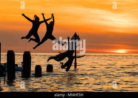 Aberystwyth Wales UK, Donnerstag, 17. Mai 2018 Deutschland Wetter: Bei Sonnenuntergang am Ende einer glorreichen Tag der warmen Frühlingssonne, eine Gruppe von Studenten sind wie Sie tauchen und springen Sie in das klare Wasser aus dem hölzernen Pier in Aberystwyth an der Westküste von Wales Foto © Keith Morris/Alamy Leben Nachrichten Silhouette Stockfoto