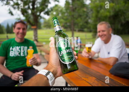 Drei Wanderer jubeln und mit einem Bier für Hütte in Uskovnica, Alm auf der Hochebene Pokljuka in den Julischen Alpen, Slowenien Stockfoto