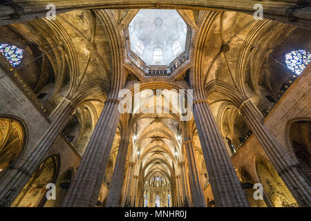 Innenraum der Kathedrale, die dem Heiligen Kreuz und der Heiligen Eulalia in Barcelona, Spanien Stockfoto