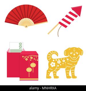 Einstellen der Chinesischen neue Jahr Design Elemente. Vector Illustration. Set gehören gold Hund, roten Umschlag, Chinesische Laterne mit Cherry und Feuerwerk Red Rocket Stock Vektor