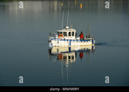 Kleines Fischerboot segeln über die stillen Wasser der Bucht von Cardiff in der Morgendämmerung Stockfoto