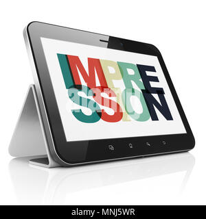 Marketing Konzept: Tablet Computer mit Eindruck auf der Anzeige Stockfoto