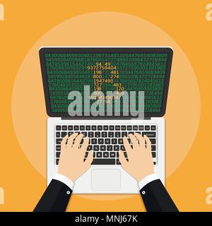 Geschäftsmann Bergbau Bitcoin auf dem Laptop. Bitcoin und cryptocurrency Konzept. Vector Illustration im flachen Stil Stock Vektor