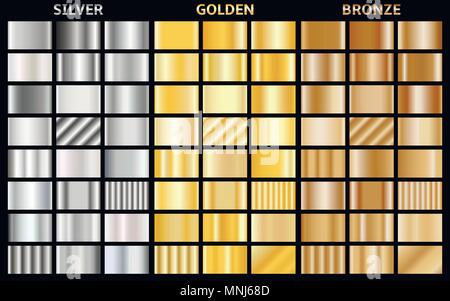 Eingestellt von metallischen Gradienten. Sammlung von Gold, Silber und Bronze Hintergründe. Vector Illustration. Stock Vektor