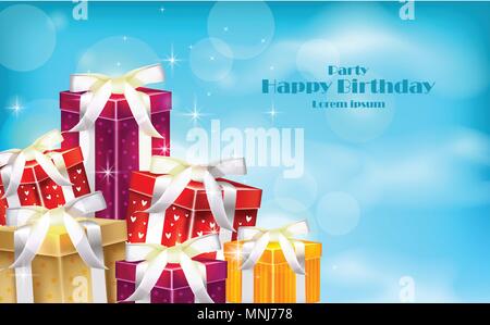 Geschenkboxen auf blauen Himmel Hintergrund. Vektor realistische 3D-Darstellung Stock Vektor