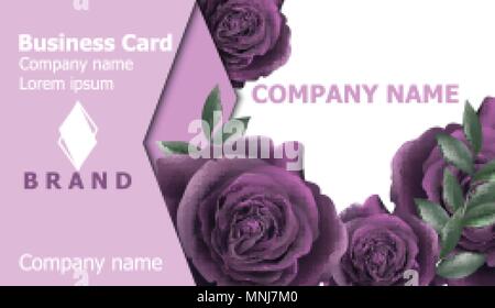 Business Card mit Rosen Blumen Vektor. Realistische florales Dekor Hintergründe. Ultra Violett Stock Vektor