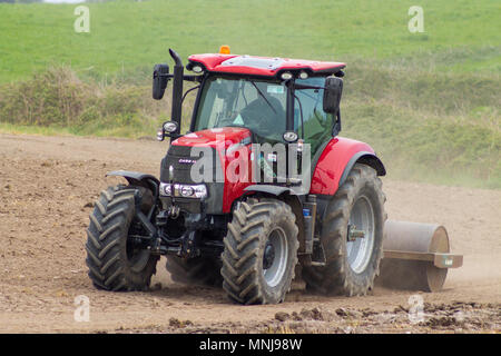 Landwirt rolling ein Feld auf einem Bauernhof in Irland, mit einer schweren Walze mit einem Traktor vor der Aussaat ein Weizen gezogen. Stockfoto