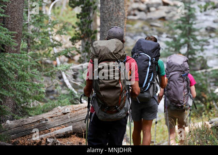 Backpackers Wanderung entlang der Lyell Gabel der Merced River auf einer zwei-wöchigen Trek der Sierra Hohe Weg zum Yosemite National Park, Kalifornien. Die 200 km Route etwa Parallels die beliebte John Muir Trail durch die Sierra Nevada von Kalifornien von Kings Canyon National Park, Yosemite National Park. Stockfoto