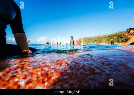 Surfer sitzen auf ihren Boards im Ozean und warten geduldig auf die nächste Welle am ersten Punkt, Noosa Heads Stockfoto