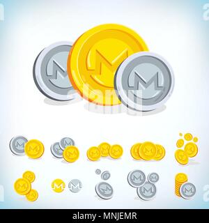 Monero. 2D Cartoon bit Münze. Digitale Währung. Cryptocurrency. Goldene Münzen mit Symbol auf weißem Hintergrund. Vektor Illustration. Stock Vektor