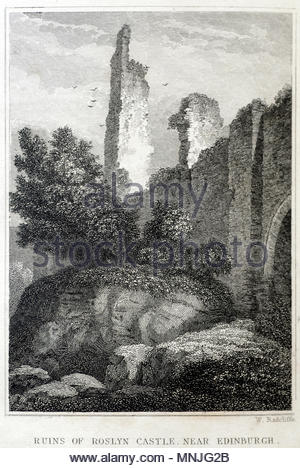 Ruinen von Roslyn Castle in der Nähe von Edinburgh, Vintage-Stich aus dem Jahr 1829 Stockfoto