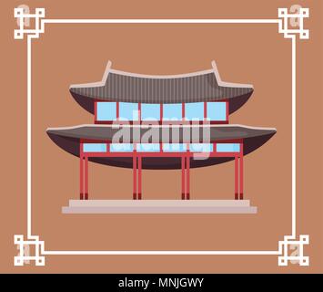 Dekorative Rahmen mit iconic von Südkorea traditionelles Gebäude Symbol über braunen Hintergrund, farbenfrohen Design. Vector Illustration Stock Vektor