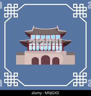 Dekorative Rahmen mit Südkorea traditionelle ikonischen Gebäude Symbol auf blauem Hintergrund, farbenfrohen Design. Vector Illustration Stock Vektor