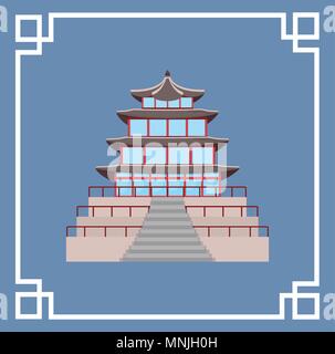 Dekorative Rahmen mit Südkorea traditionelle Gyeongbokgung Gebäude Symbol auf blauem Hintergrund, farbenfrohen Design. Vector Illustration Stock Vektor