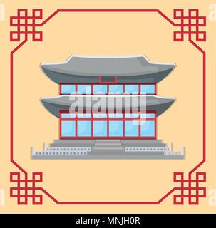 Dekorative Rahmen mit Südkorea traditionelles Gebäude Symbol auf gelbem Hintergrund, farbenfrohen Design. Vector Illustration Stock Vektor