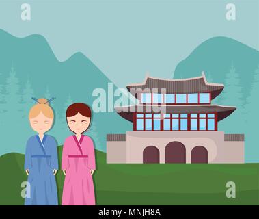 Südkorea Design mit koreanischen Mädchen und traditionelle und ikonischen Gebäude über Landschaft Hintergrund, farbenfrohen Design. Vector Illustration Stock Vektor