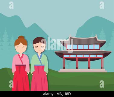 Südkorea Design mit koreanischen Mädchen und traditionelle und ikonischen Gebäude über Landschaft Hintergrund, farbenfrohen Design. Vector Illustration Stock Vektor