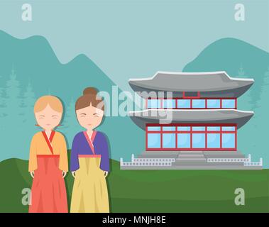 Südkorea Design mit koreanischen Mädchen und traditionelle und ikonischen Gebäude über Landschaft Hintergrund, farbenfrohen Design. Vector Illustration Stock Vektor