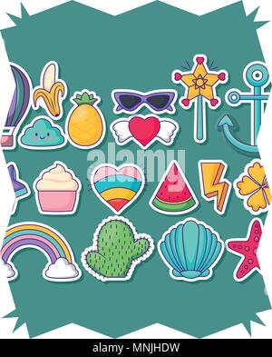 Abstrakte Rahmen mit kawaii Wolken und niedlichen Symbole Muster auf weißem Hintergrund, farbenfrohen Design. Vector Illustration Stock Vektor