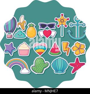 Kreisförmige Rahmen mit kawaii Wolken und niedlichen Symbole Muster auf weißem Hintergrund, farbenfrohen Design. Vector Illustration Stock Vektor