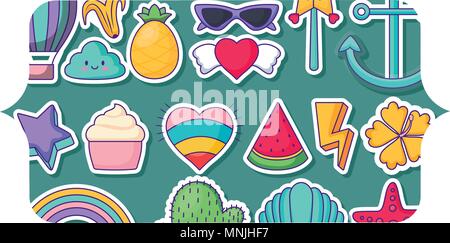Banner mit kawaii Wolken und niedlichen Symbole Muster auf weißem Hintergrund, farbenfrohen Design. Vector Illustration Stock Vektor
