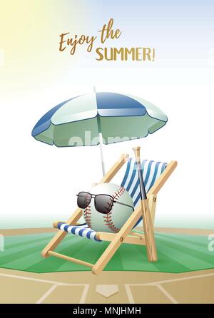 Genießen Sie den Sommer! Sport Karte. Baseball Ball mit Sonnenbrille, Sonnenschirm, Liegestuhl und hölzerne Fledermaus auf dem Baseballfeld. Vector Illustration. Stock Vektor