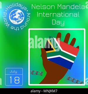 Nelson Mandela Internationaler Tag. 18. Juli. Das Konzept einer politischen Urlaub. Flagge in der Hand der Republik Südafrika. Gebrochene Kette. Kalender. Uhr Stock Vektor
