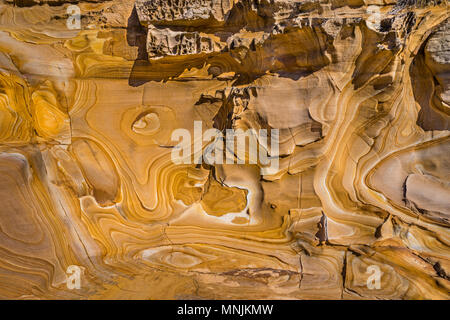 Schön paterned Hawksbury Sandstein in Maitland Bay, die dekorative braune Linien und Markierungen sind durch eisenhaltige Wasser gebildet worden und sind bekannt als Stockfoto