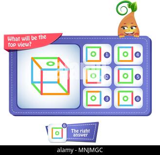 Lernspiel für Kinder, Puzzle. Entwicklung des räumlichen Denkens bei Kindern (geeignet sowohl für Kinder und Erwachsene). Aufgabe spiel Was wird oben vi. Stock Vektor
