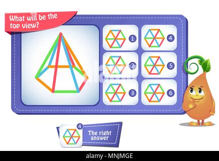 Lernspiel für Kinder, Puzzle. Entwicklung des räumlichen Denkens bei Kindern (geeignet sowohl für Kinder und Erwachsene). Aufgabe spiel Was wird oben vi. Stock Vektor