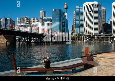 07.05.2018, Sydney, New South Wales, Australien - ein Blick von Darling Harbour in Sydney die Skyline des Central Business District. Stockfoto