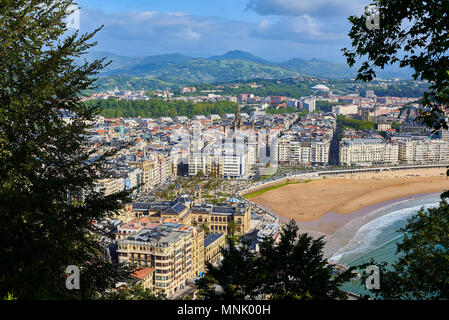 Luftaufnahme der Concha Strand und Kathedrale Buen Pastor (Gut Hirt) im Hintergrund vom Monte Urgull am sonnigen Tag. San Sebastian, Spanien. Stockfoto