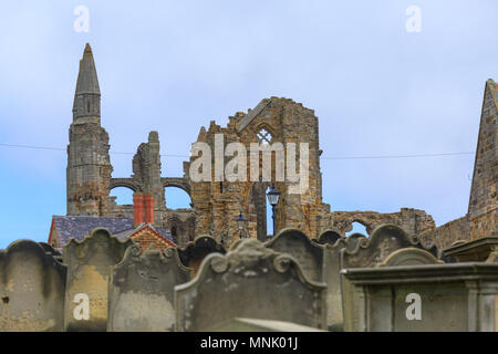 England, North Yorkshire, Whitby. Nordsee, East Cliff. English Heritage Site, Ruinen der Benediktinerabtei, Whitby Abbey, Kloster. Inspiration für e Stockfoto