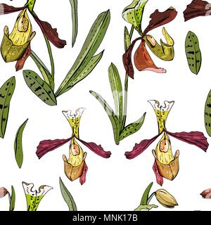 Nahtlose Muster mit wunderschöner, exotischer Orchidee. Stock Vektor