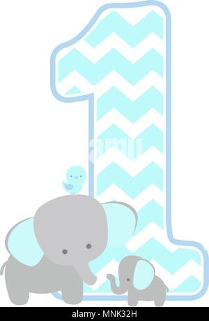 Nummer 1 mit Chevron Muster. niedliche Elefanten und Little Baby Elefant auf weißem Hintergrund. kann für den Vatertag Karte, Baby Geburt verwendet werden. Stock Vektor