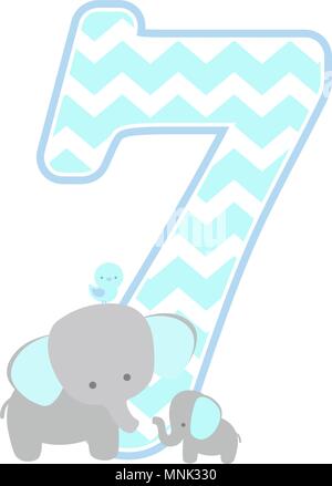 Nummer 7 mit niedlichen Elefanten und Little Baby Elefant auf weißem Hintergrund. kann für den Vatertag Karte, Baby Geburt Ansagen verwendet werden, nu Stock Vektor