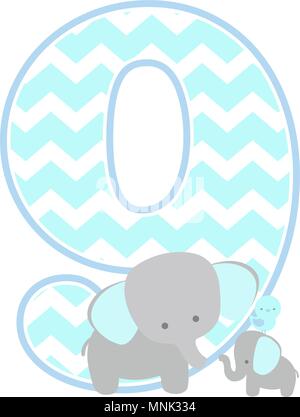 Nummer 9 mit niedlichen Elefanten und Little Baby Elefant auf weißem Hintergrund. kann für den Vatertag Karte, Baby Geburt Ansagen verwendet werden, nu Stock Vektor